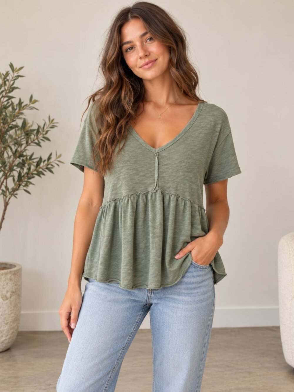 American Eagle Sage Green Peplum V-Neck Tie Back Top Size Medium